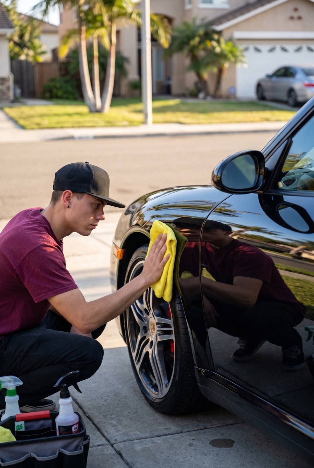 Zack detailing the wheel and fender of a black Porsche 911, his reflection visible in the glossy door panel